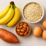 Image of foods. Bananas, Oats, Eggs.
