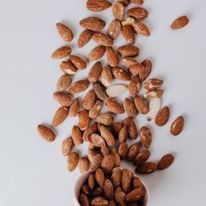 Almonds spilled on a table.